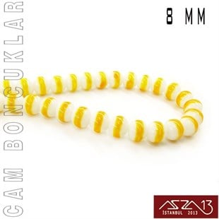 Yuvarlak 8 mm, Sarı Halkalı Beyaz Cam Boncuk / Paket İçeriği 50 Adet