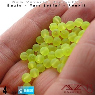 Yuvarlak - 4 mm - Neon Yeşil - Yarı Şeffaf - Buzlu Yüzey - Cam Boncuk / 50 Adet