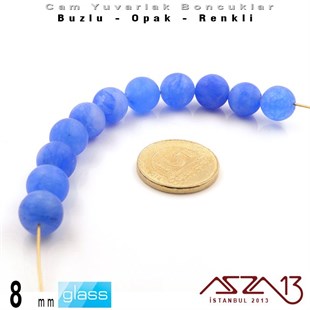 Yuvarlak - 8 mm - Neon Gök Mavi - Opak - Buzlu Yüzey - Cam Boncuk / 30 Adet