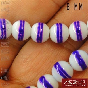Yuvarlak 8 mm, Mor Halkalı Beyaz Cam Boncuk / Paket İçeriği 50 Adet