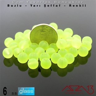 Yuvarlak - 6 mm - Neon Yeşil - Yarı Şeffaf - Buzlu Yüzey - Cam Boncuk / 40 Adet