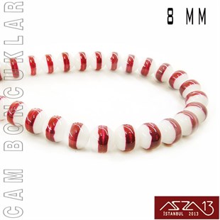 Yuvarlak 8 mm, Bordo Halkalı Beyaz Cam Boncuk / Paket İçeriği 50 Adet