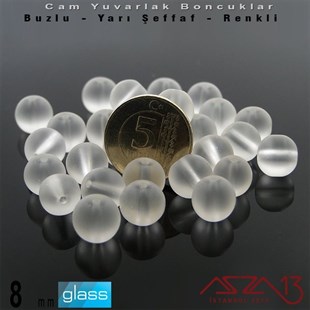 Yuvarlak - 8 mm - Beyaz - Yarı Şeffaf - Buzlu Yüzey - Cam Boncuk / 30 Adet