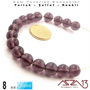 Yuvarlak - 8 mm - Ametis - Şeffaf - Parlak Yüzey - Cam Boncuk / 30 Adet