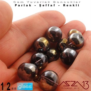 Yuvarlak - 12 mm - Janjanlı Hematit - Şeffaf - Parlak Yüzey - Cam Boncuk / 10 Adet