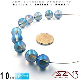 Yuvarlak - 10 mm - Janjanlı Mavi_Yeşil - Şeffaf - Parlak Yüzey - Cam Boncuk / 10 Adet