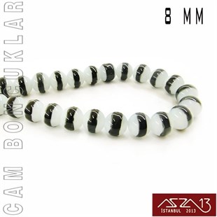 Yuvarlak 8 mm, Siyah Halkalı Beyaz Cam Boncuk / Paket İçeriği 50 Adet