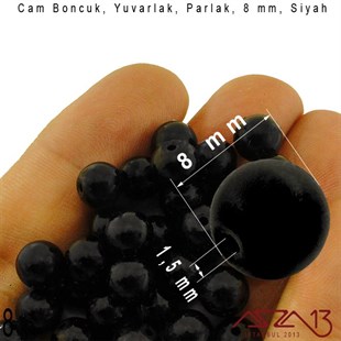 Yuvarlak 8 mm, İmitasyon Parlak Siyah Oniks Cam Boncuk / Paket İçeriği 50 Adet