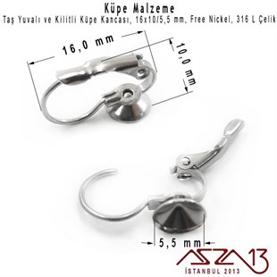 Çelik  5,5 mm (SS25) Taş Yuvalı Kilitli Küpe Kancası / Paket İçeriği 1 Çift