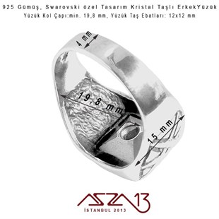 925 Gümüş, Swarovski Özel Tasarım Kristal Taşlı Erkek Yüzük / 19,8 mm