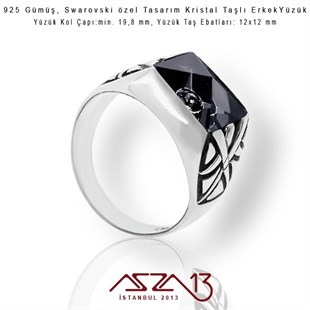 925 Gümüş, Swarovski Özel Tasarım Kristal Taşlı Erkek Yüzük / 19,8 mm