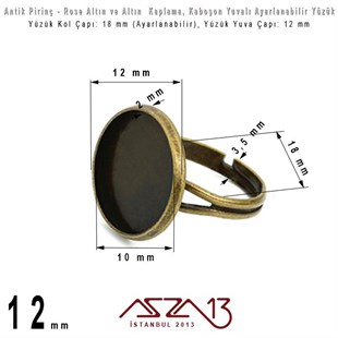 Altın, Rose Altın ve Antik Pirinç Kaplamalı - Ayarlanabilir Kollu - 12 mm Kaboşon Yuvalı Yüzük