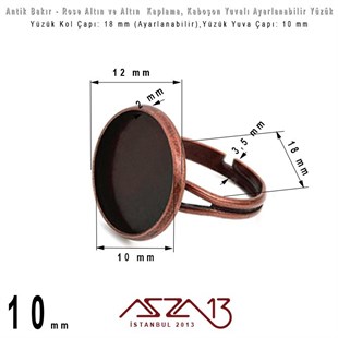 Altın, Rose Altın ve Antik Bakır Kaplamalı - Ayarlanabilir Kollu - 10 mm Kaboşon Yuvalı Yüzük