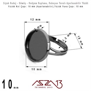 Rodyum, Gümüş ve Siyah Rodaj Kaplamalı - Ayarlanabilir Kollu - 10 mm Kaboşon Yuvalı Yüzük