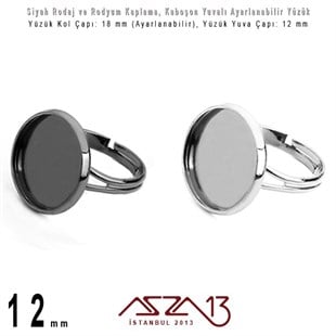 Rodyum ve Siyah Rodaj Kaplamalı - Ayarlanabilir Kollu - 12 mm Kaboşon Yuvalı Yüzük