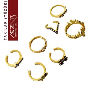 7 Parça Kristal Taşlı Altın Kaplama Tırnak Yüzük Seti