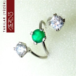 Emerald ve Zirkon Üç Taşlı Çelik Yüzük
