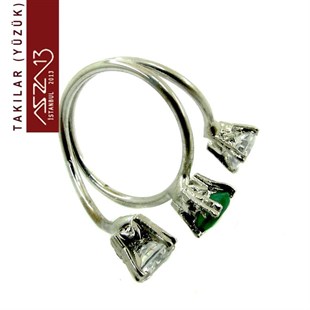 Emerald ve Zirkon Üç Taşlı Çelik Yüzük