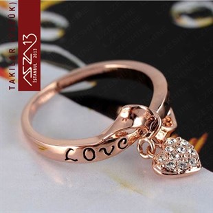 Rose Gold Kaplama Kristal Taşlı Kalp Sallantılı Yüzük