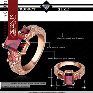 Rose Gold Kaplama Kristal Garnet Taşlı Yüzük