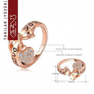 Rose Gold Kaplama Kristal Taşlı Kalp Sallantılı Yüzük