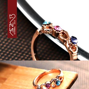 Rose Gold Kaplama Kristal Renkli Taşlı Yüzük