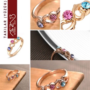 Rose Gold Kaplama Kristal Renkli Taşlı Yüzük