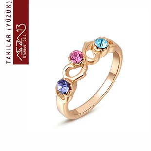 Rose Gold Kaplama Kristal Renkli Taşlı Yüzük