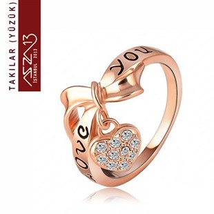 Rose Gold Kaplama Kristal Taşlı Kalp Sallantılı Yüzük