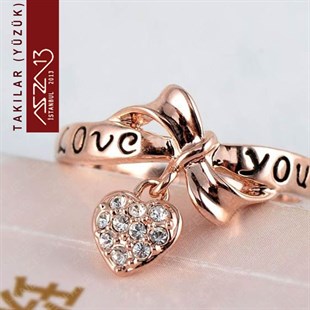Rose Gold Kaplama Kristal Taşlı Kalp Sallantılı Yüzük