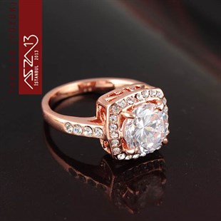 Rose Gold Kaplama Zirkon Elmas Taşlı Yüzük (17 Numara)