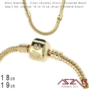 Altın Kaplama 18 ve 19 cm - 3,0 mm Pirinç Yuvarlak Yılan Tip, Klipsli Bileklik Zinciri