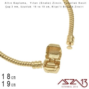 Altın Kaplama 18 ve 19 cm - 3,0 mm Pirinç Yuvarlak Yılan Tip, Klipsli Bileklik Zinciri