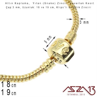 Altın Kaplama 18 ve 19 cm - 3,0 mm Pirinç Yuvarlak Yılan Tip, Klipsli Bileklik Zinciri