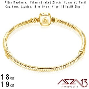 Altın Kaplama 18 ve 19 cm - 3,0 mm Pirinç Yuvarlak Yılan Tip, Klipsli Bileklik Zinciri