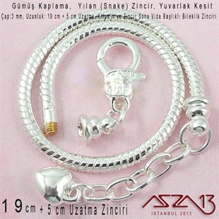 Gümüş Kaplama 19+3 cm - 3,0 mm Pirinç Yuvarlak Yılan Tip, Klipsli Bileklik Zinciri