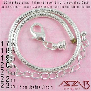 Gümüş Kaplama 17+5 cm - 3,0 mm Pirinç Yuvarlak Yılan Tip, Klipsli Bileklik Zinciri