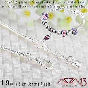 Gümüş Kaplama 19+3 cm - 3,0 mm Pirinç Yuvarlak Yılan Tip, Klipsli Bileklik Zinciri