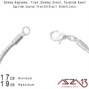 Gümüş Kaplama 19 cm - 3,0 mm Pirinç Yuvarlak Yılan Tip, Çift Klipsli Bileklik Zinciri