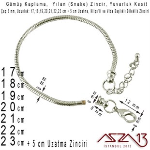 Gümüş Kaplama 17+5 cm - 3,0 mm Pirinç Yuvarlak Yılan Tip, Klipsli Bileklik Zinciri