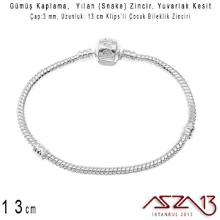 Gümüş Kaplama 13cm - 3,0 mm Pirinç Yuvarlak Yılan Tip, Klipsli Çocuk Boy Bileklik Zinciri