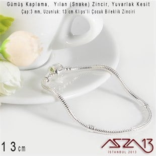 Gümüş Kaplama 13cm - 3,0 mm Pirinç Yuvarlak Yılan Tip, Klipsli Çocuk Boy Bileklik Zinciri