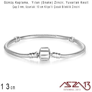 Gümüş Kaplama 13cm - 3,0 mm Pirinç Yuvarlak Yılan Tip, Klipsli Çocuk Boy Bileklik Zinciri