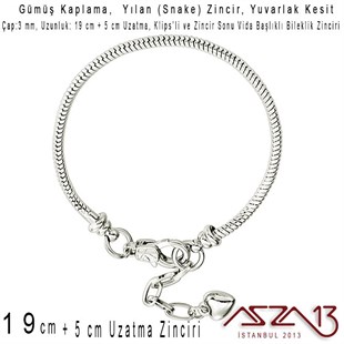 Gümüş Kaplama 19+3 cm - 3,0 mm Pirinç Yuvarlak Yılan Tip, Klipsli Bileklik Zinciri