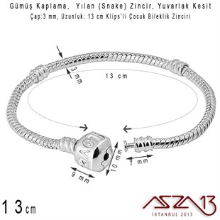 Gümüş Kaplama 13cm - 3,0 mm Pirinç Yuvarlak Yılan Tip, Klipsli Çocuk Boy Bileklik Zinciri