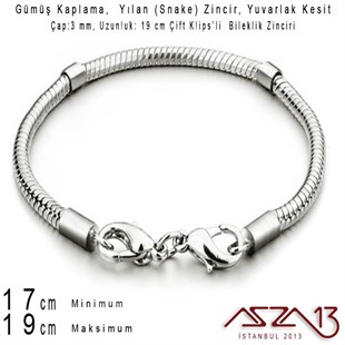Gümüş Kaplama 19 cm - 3,0 mm Pirinç Yuvarlak Yılan Tip, Çift Klipsli Bileklik Zinciri