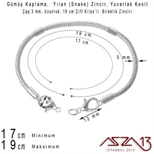 Gümüş Kaplama 19 cm - 3,0 mm Pirinç Yuvarlak Yılan Tip, Çift Klipsli Bileklik Zinciri
