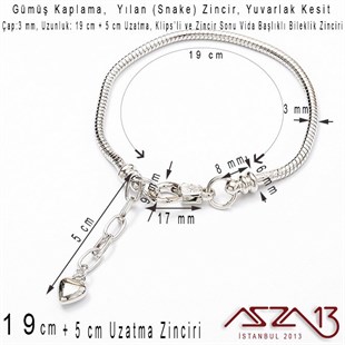 Gümüş Kaplama 19+3 cm - 3,0 mm Pirinç Yuvarlak Yılan Tip, Klipsli Bileklik Zinciri