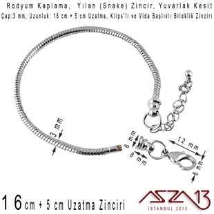 Rodyum Kaplama 16+5 cm - 3,0 mm Pirinç Yuvarlak Yılan Tip, Klipsli Bileklik Zinciri