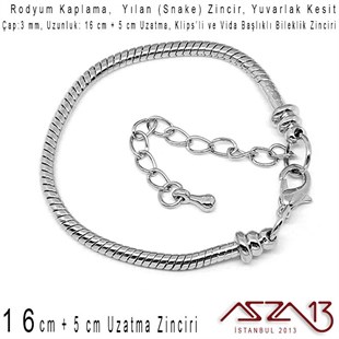 Rodyum Kaplama 16+5 cm - 3,0 mm Pirinç Yuvarlak Yılan Tip, Klipsli Bileklik Zinciri